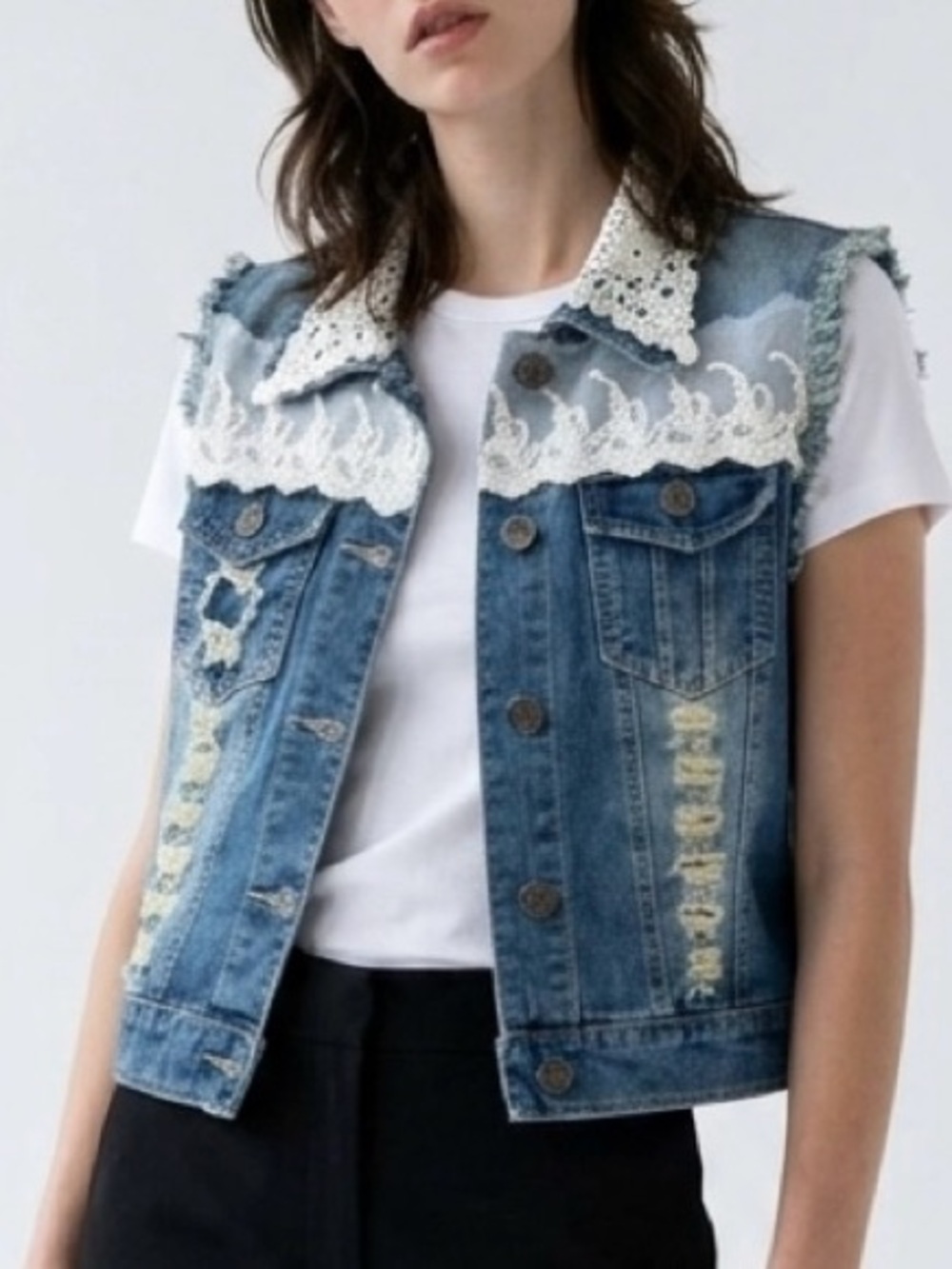 Love Distressed Blue Denim Tank Top with Cream Lace Collar